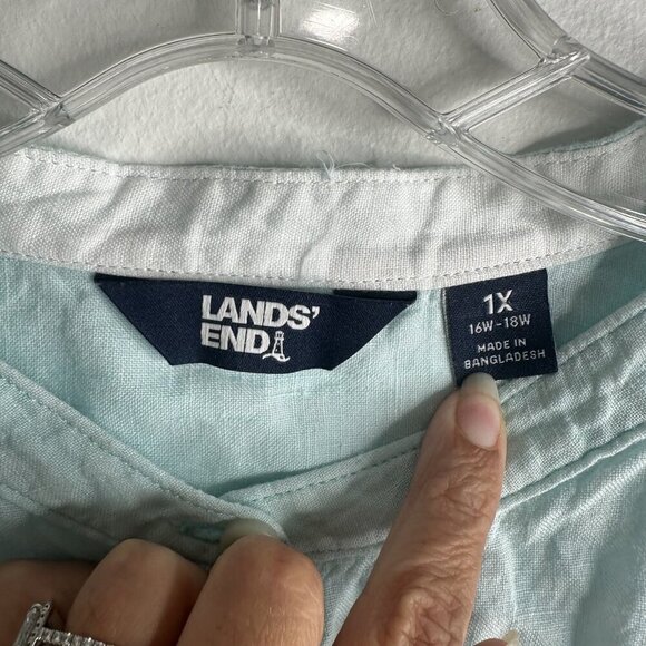 Lands End Shirt Dress Womens 1X Blue Linen Tunic Button Front Pockets Coastal - Picture 7 of 11